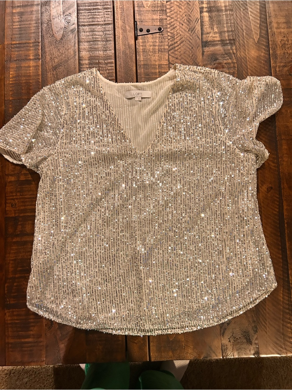 LOFT Silver Sequin V-Neck Top